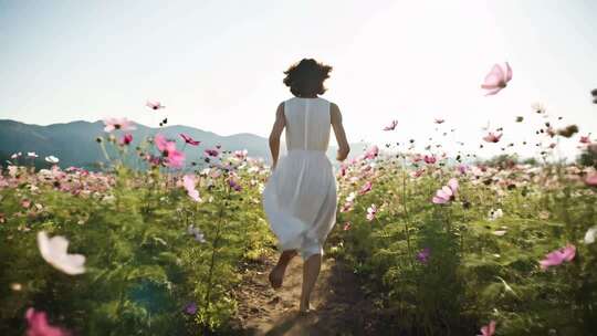 女子在花海中漫步背影