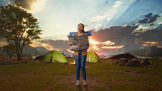 亚洲女性徒步旅行者看着地图然后环顾四周而