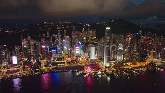 航拍中国香港维多利亚港现代城市夜景