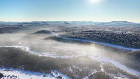 航拍冬季雾中林海雾凇视频251202-4