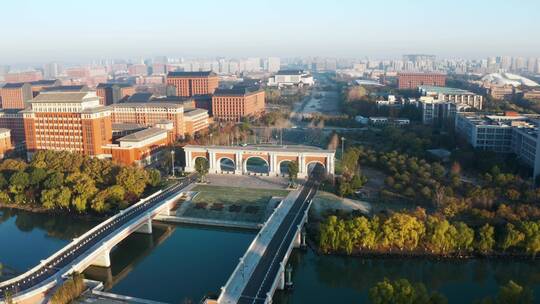 杭州浙江大学紫金港校区晨曦航拍视频素材模板下载