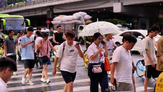 城市雨后街道人流车流