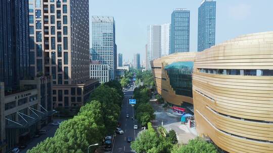 航拍杭州滨江科技馆街两边现代办公大楼