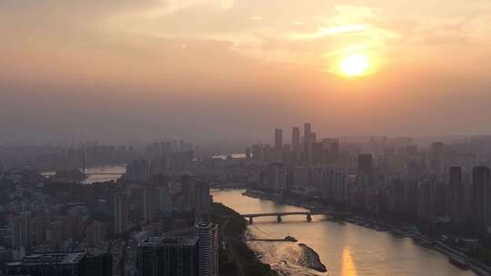 福州日落航拍夕阳城市建筑风光早晨日出阳光