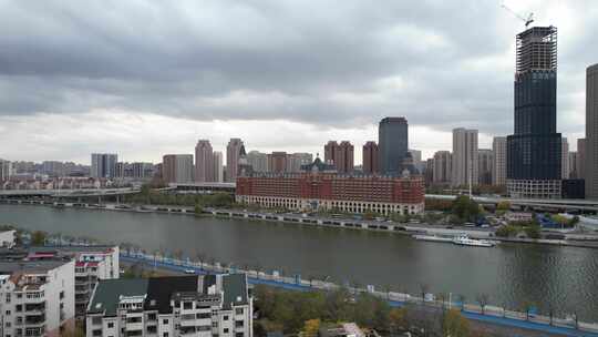 天津海河风景线城市天际线建筑风光航拍