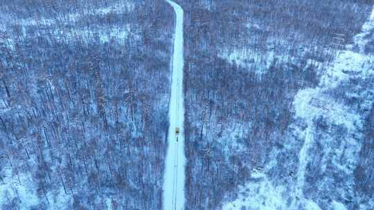 冬天大兴安岭森林雪景林间公路上行驶的汽车视频素材模板下载