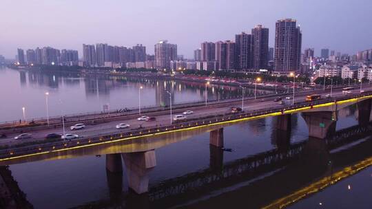 航拍城市交通衡阳湘江大桥立交桥夜景