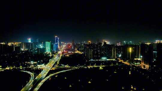 广东湛江高架桥交通枢纽夜景航拍