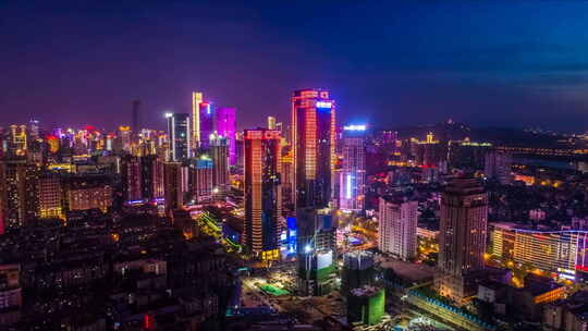 湖南长沙富兴国际广场地标景点夜景航拍