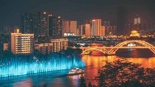 柳州柳江音乐喷泉游船与文惠桥夜景延时