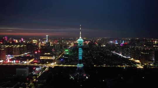 河北石家庄电视塔夜景晚霞航拍