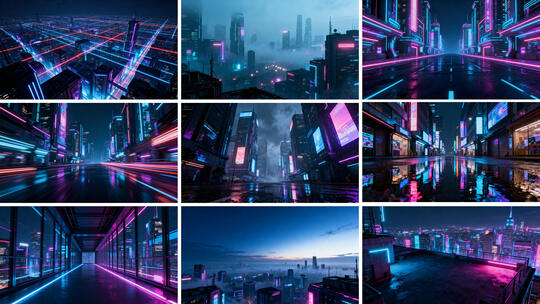 赛博朋克未来都市夜景 霓虹闪烁科幻城市