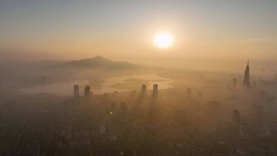 航拍日出平流雾下的南京城市风光