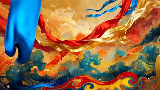 国风飘动绸带云海背景素材