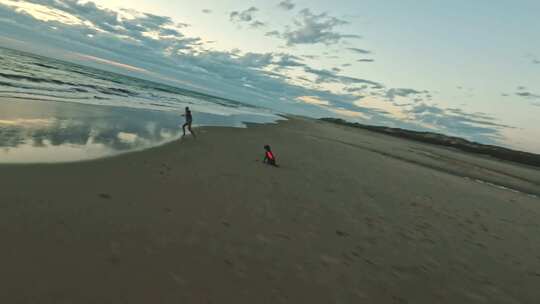 美女带着小狗在海边沙滩玩耍海浪日出