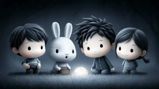 月光下兔子与孩童的奇幻相遇