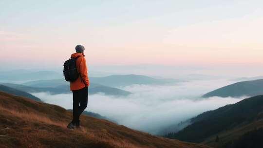 山顶背包旅行者眺望云海