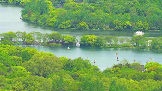 江南杭州西湖苏堤旅游湖面上的观光船