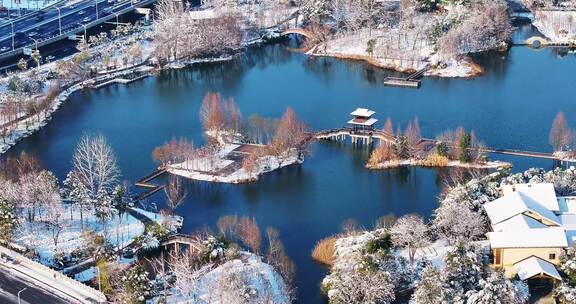 4k长沙洋湖湿地公园雪景航拍