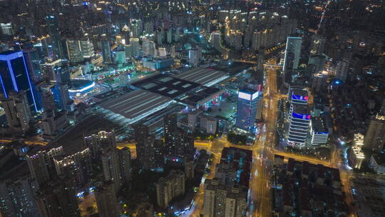 上海火车站航拍延时夜景