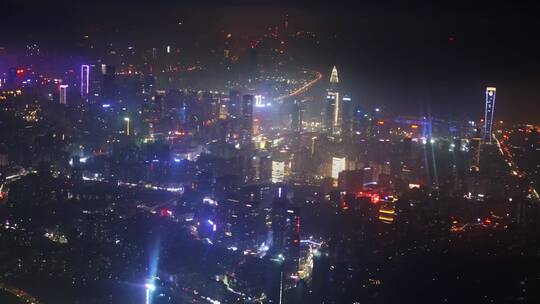 飞机舷窗外晚上现代城市深圳夜景