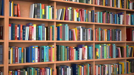 图书馆。图书馆或书店书架上的书籍和教科书