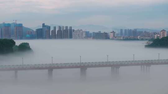 杭州富阳区富春江晨雾风光航拍