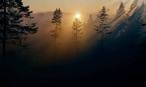 晨曦中雾气弥漫的森林景象