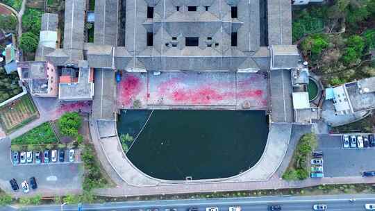 春节航拍梅州客家围龙屋古建筑群节日风貌