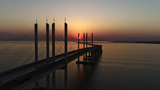 山东青岛胶州湾跨海大桥日出日落视频素材模板下载