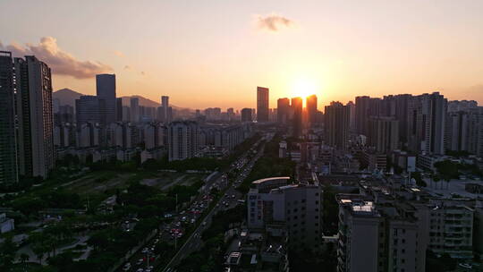 大湾区珠海城市逆光车流航拍