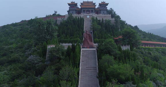 旅游景区 航拍廉颇庙 廉颇像中景 正面 推