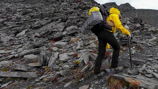 攀登贡嘎山卫峰乌库楚雪山的登山者徒步行进