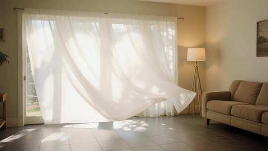 室内飘动的白色窗帘素材