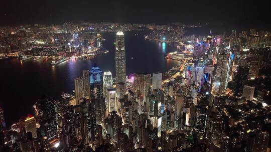 航拍香港维多利亚港城市夜景