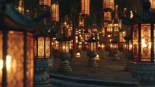 古风场景中式灯笼夜景