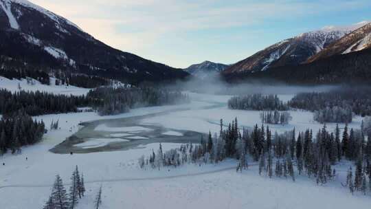 新疆阿勒泰地区喀纳斯景区雪景航拍