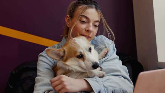 年轻的女学生在咖啡馆抱着一只可爱的柯基犬