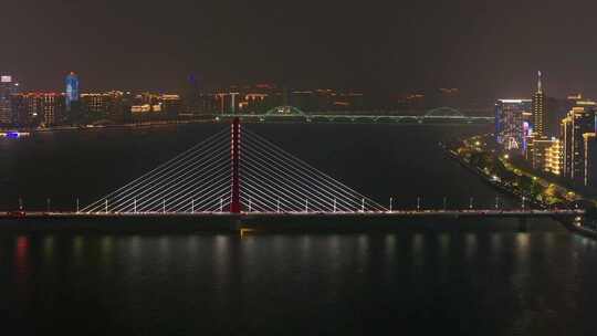 杭州钱塘江西兴大桥夜晚夜景航拍城市风景风