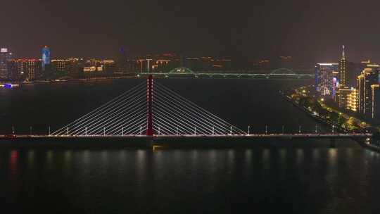 杭州钱塘江西兴大桥夜晚夜景航拍城市风景风视频素材模板下载