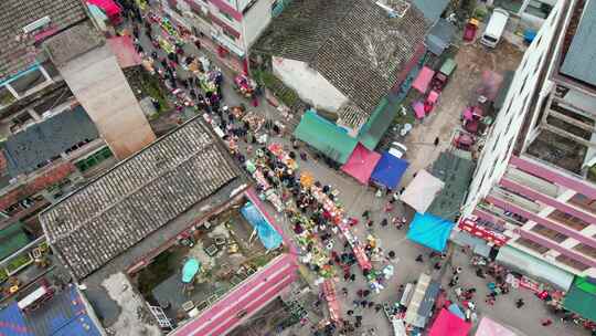 农村集贸市场菜市场农贸市场集市赶集航拍