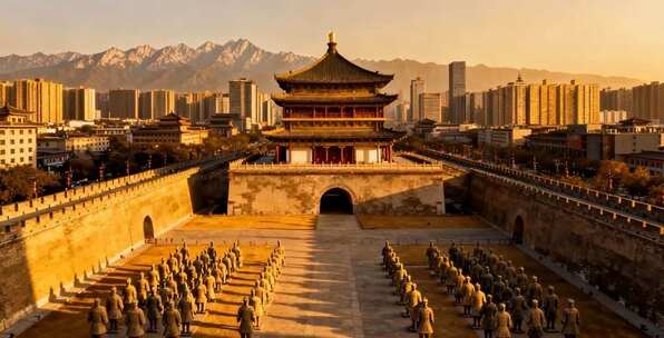 西安古城墙前的兵马俑阵列