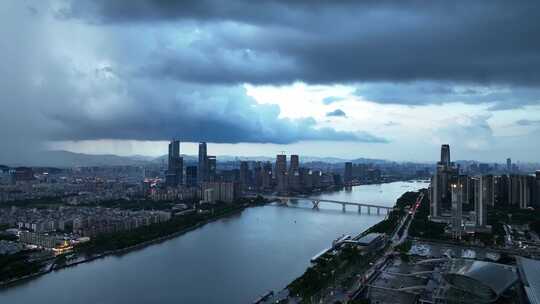 阴雨天航拍广东广州琶洲城市天际线