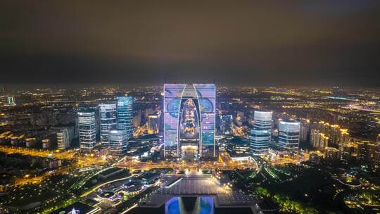 苏州东方之门苏州之门夜景航拍延时8K