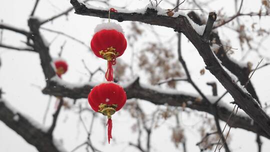 雪景红灯笼慢镜头