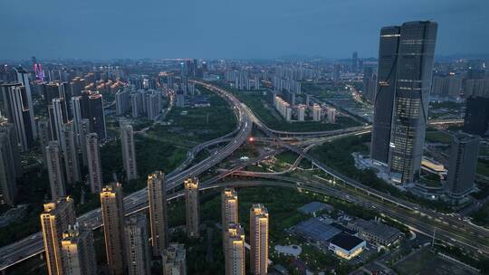 航拍中国浙江杭州城市高架车流夜景