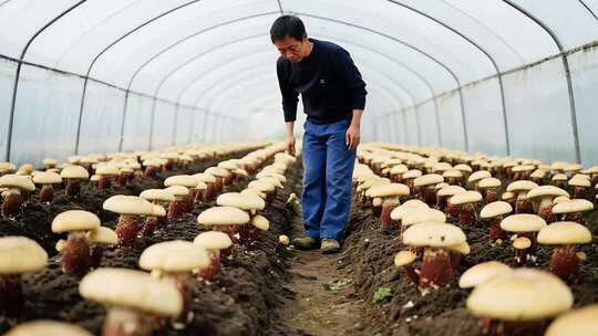 多种蘑菇在自然与温室中的生长状态