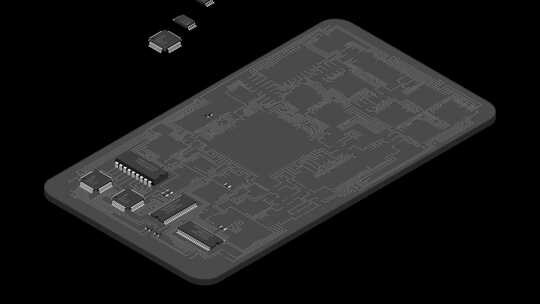 等距电子板动画。带有电子元件的等距印刷电