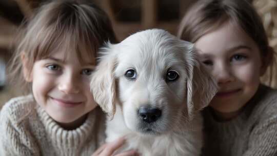 金毛幼犬与孩童的温馨时刻