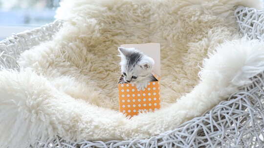 可爱的美国短发小猫在礼品盒里玩耍